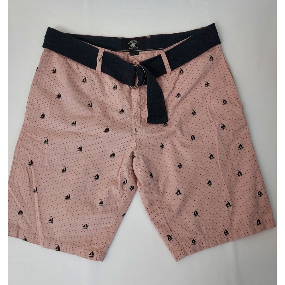Beverly Hills Polo Club Men Sailboat Print Belted Chino Shorts Pink Navy Size 34